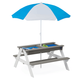 3-in-1 Outdoor Wooden Picnic Table For Kids With Umbrella (Color: GREY)